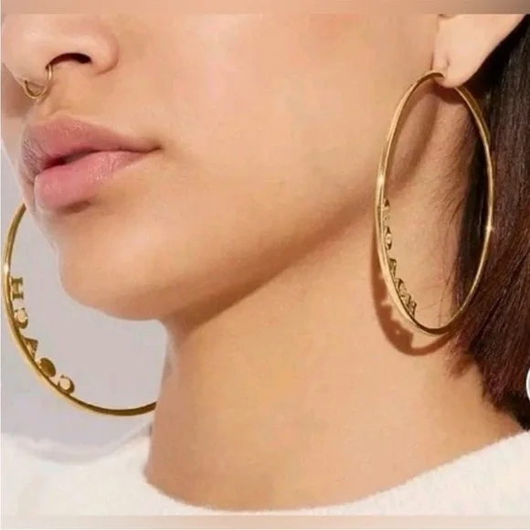 Coach Gold Jumbo Hoop Earrings With Crystal NWT - Picture 2 of 5